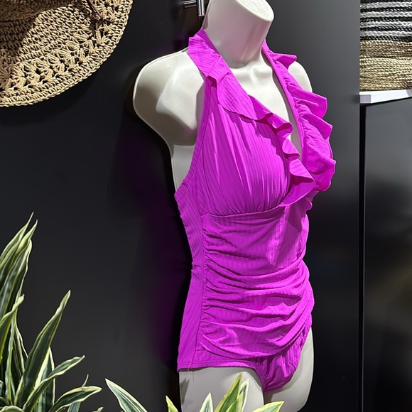 Into The Bleu Ruffle,adjustable halter ties,padded,ribbed texture,tummy drape - Picture 7 of 15